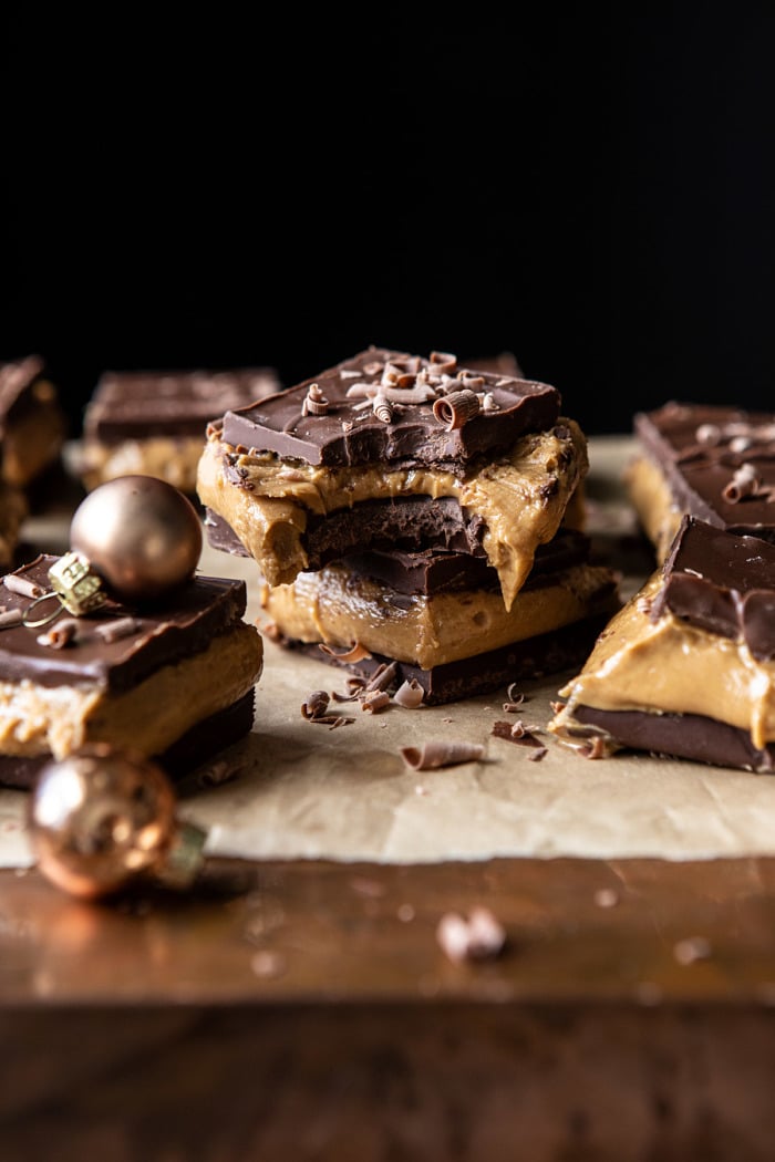 5 Ingredient Triple Decker Chocolate Peanut Butter Bars | halfbakedharvest.com #peanutbutter #chocolate