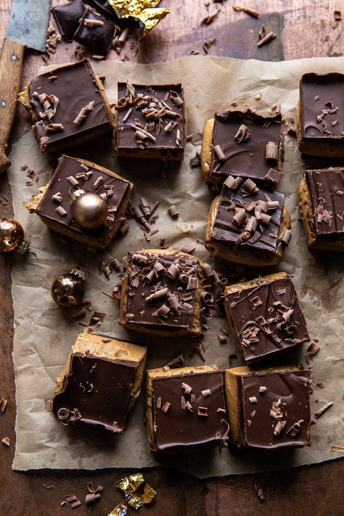overhead photo of 5 Ingredient Triple Decker Chocolate Peanut Butter Bars