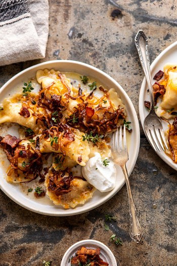 Cheddar Pierogies with Caramelized Onions and Bacon.
