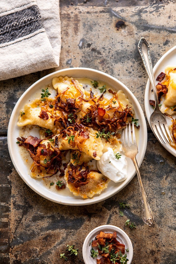overhead photo of Cheddar Pierogies with Caramelized Onions and Bacon 