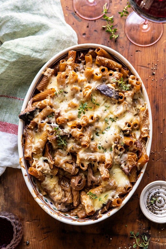 overhead photo of One Pot Creamy French Onion Pasta Bake