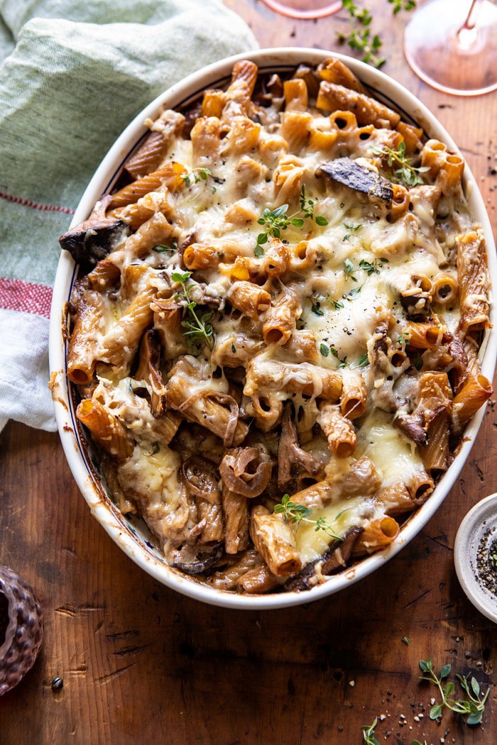 overhead close up photo of One Pot Creamy French Onion Pasta Bake