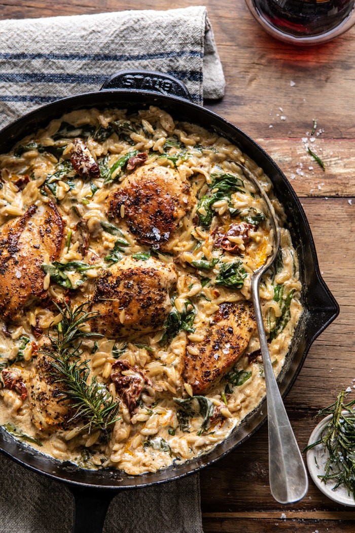overhead photo of One Skillet Creamy Sun-Dried Tomato Chicken and Orzo 