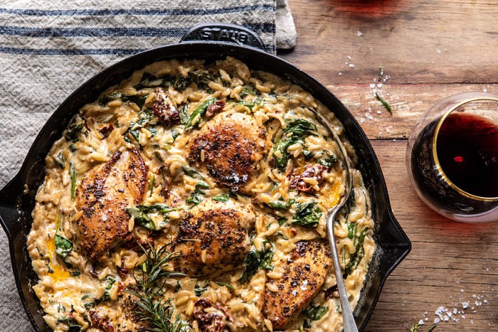 horizontal photo of One Skillet Creamy Sun-Dried Tomato Chicken and Orzo