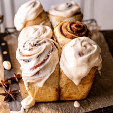 Overnight Cinnamon Roll Bread with Chai Frosting.