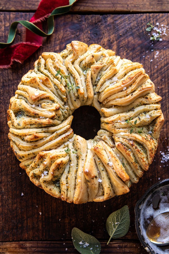 overhead close up photo of Pull-Apart Garlic Butter Bread Wreath 