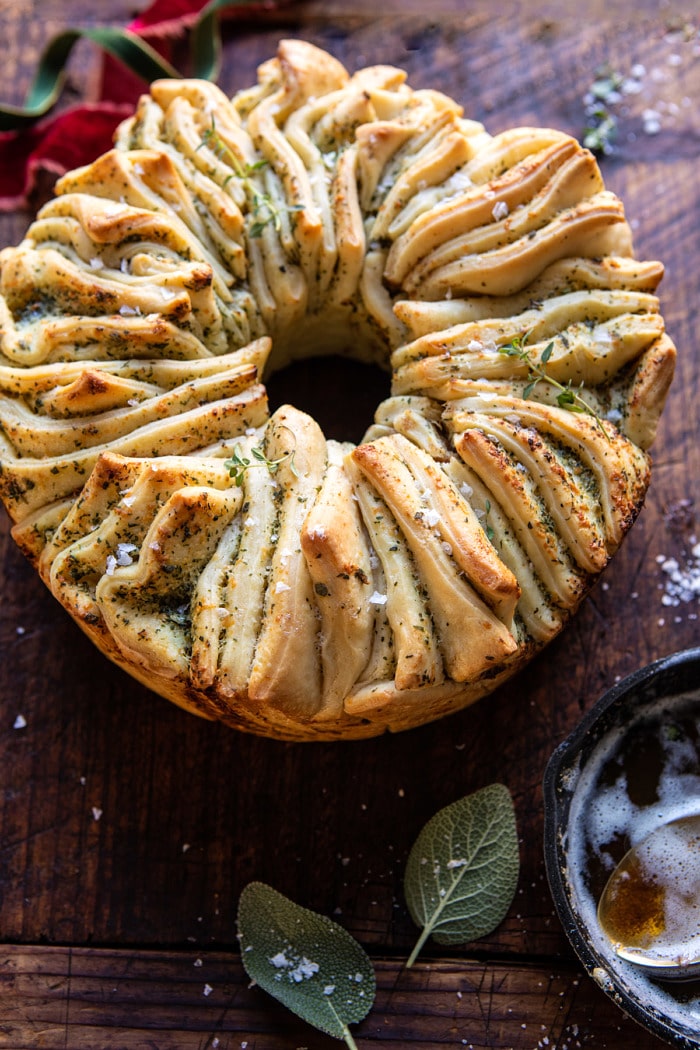 side angled close up photo of Pull-Apart Garlic Butter Bread Wreath 