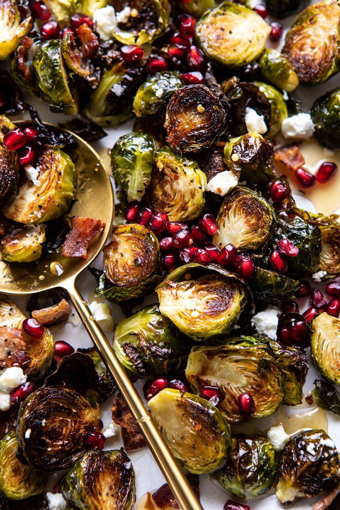 overhead close up photo of Roasted Bacon Brussels Sprouts with Salted Honey