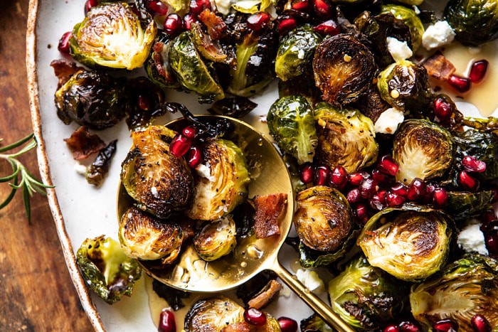 horizontal photo of Roasted Bacon Brussels Sprouts with Salted Honey