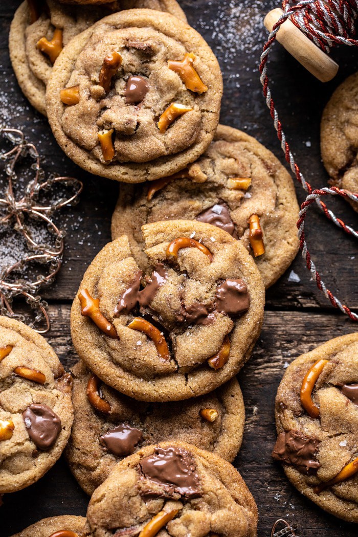 Salted Caramel Pretzel Snickerdoodles | halfbakedharvest.com #cookies #snickerdoodles #christmas