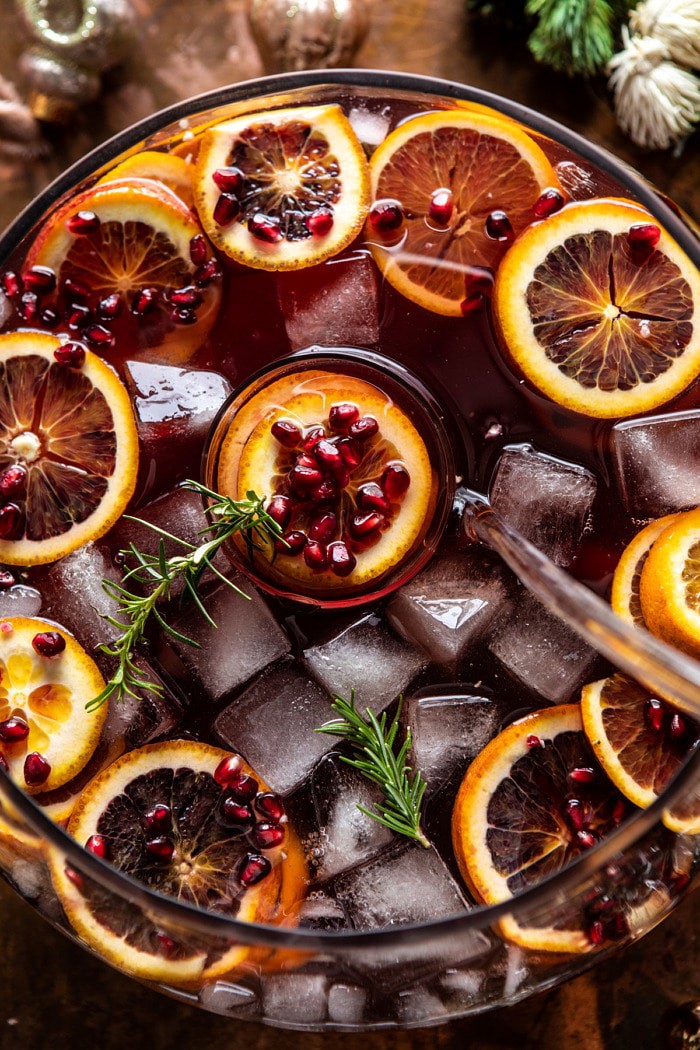 overhead photo of Sparkling Christmas Party Punch in punch bowl 