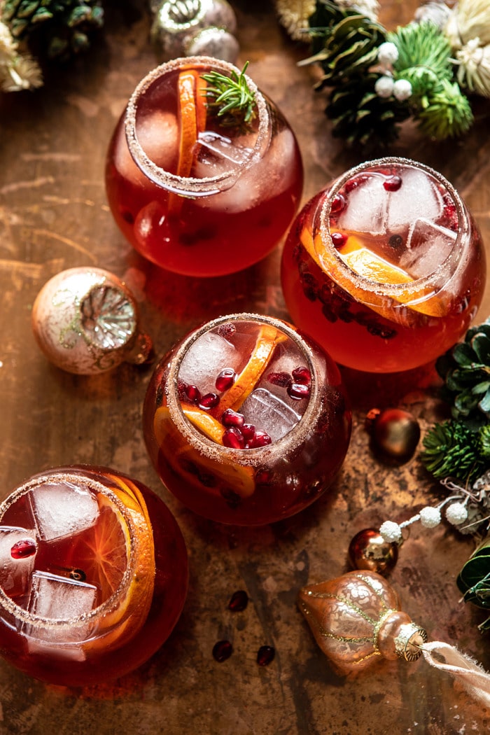 overhead photo of Sparkling Christmas Party Punch in 4 glasses