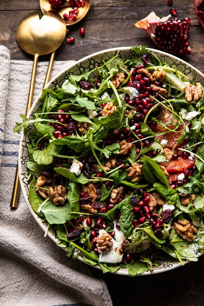overhead close up photo of Winter Pomegranate Salad with Maple Candied Walnuts 