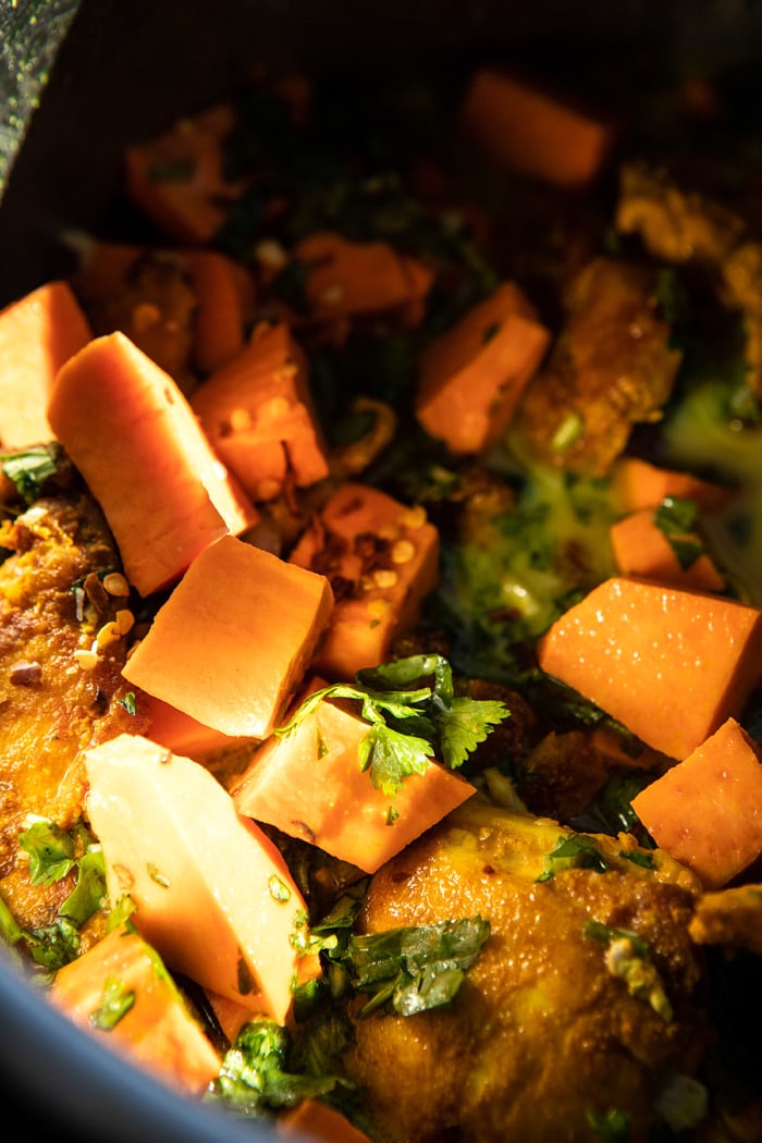 chicken, herbs and sweet potatoes in instant pot