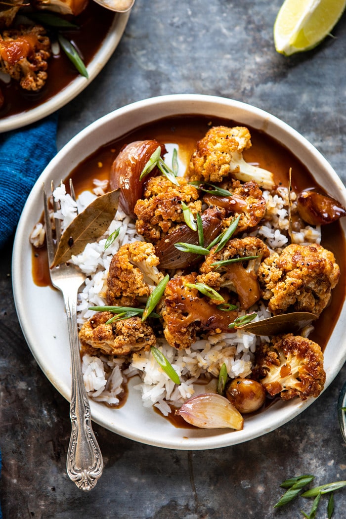 overhead close up photo of Easiest Coconut Cauliflower Adobo 