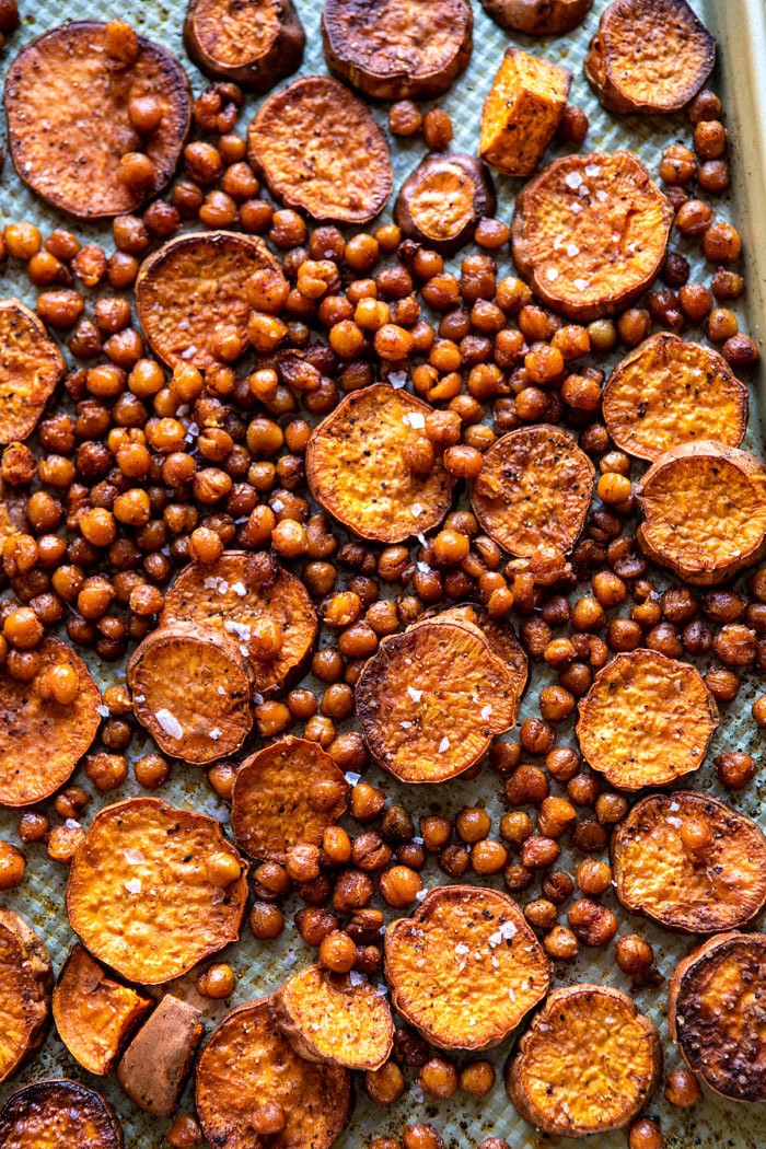 overhead photo of Sweet Potatoes and Crispy Chickpeas on baking sheet