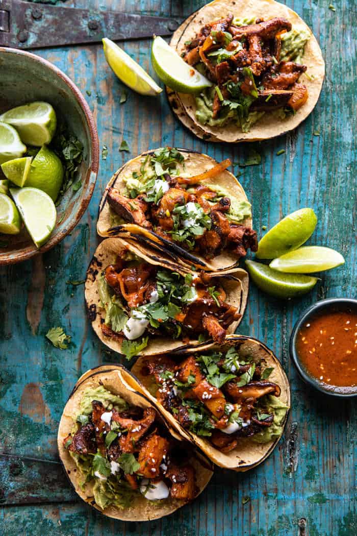 overhead photo of Mushroom Al Pastor Tacos with Garlic Lime Special Sauce 