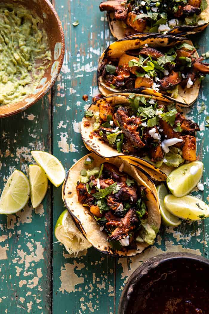 overhead photo of Mushroom Al Pastor Tacos with Garlic Lime Special Sauce