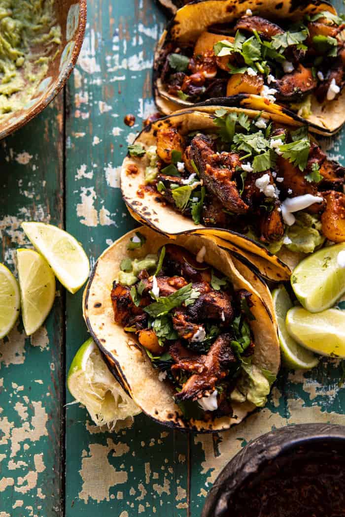 overhead close up photo of Mushroom Al Pastor Tacos with Garlic Lime Special Sauce 