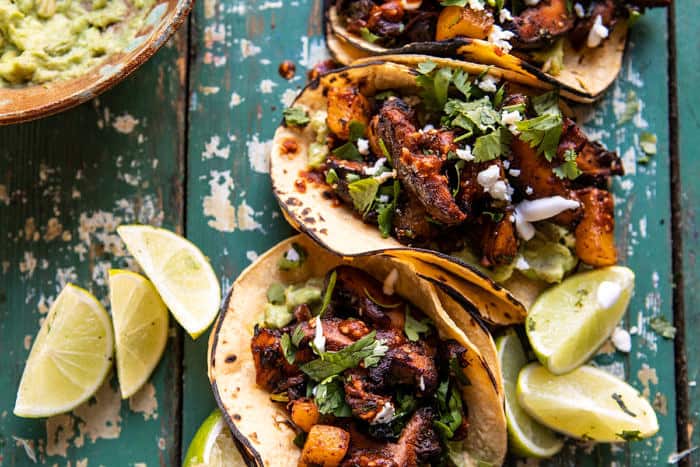 horizontal photo of Mushroom Al Pastor Tacos with Garlic Lime Special Sauce 