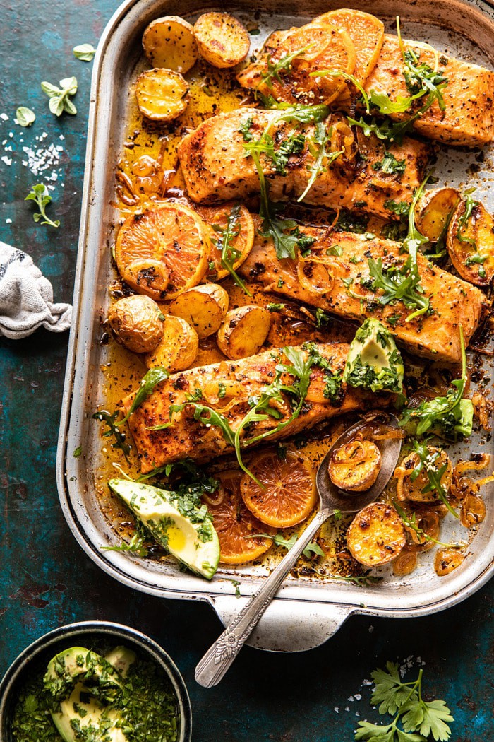 overhead photo of Sheet Pan Salmon with Citrus Avocado Salsa and Potatoes