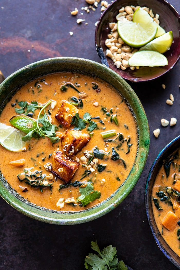 overhead close up photo of Spicy Peanut Soup with Sesame Halloumi