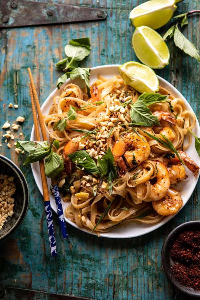 overhead photo of Better Than Takeout Garlic Butter Shrimp Pad Thai