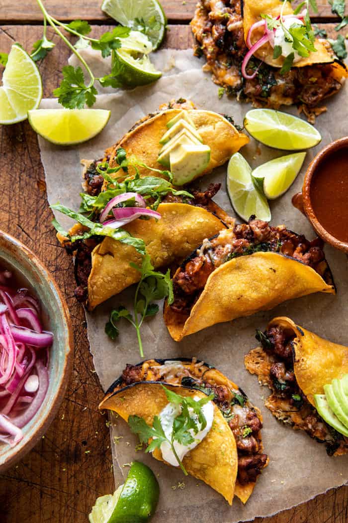 overhead photo of Crispy Chipotle Chicken Tacos with Cilantro Lime Ranch