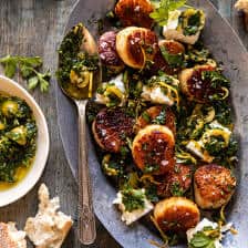 Herbed Garlic Butter Scallops with Lemony Feta Dressing.