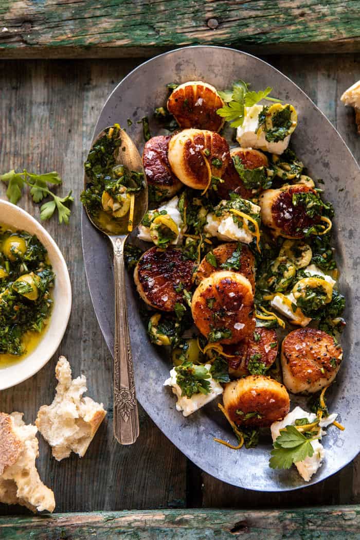 overhead photo of Herbed Garlic Butter Scallops with Lemony Feta Dressing 