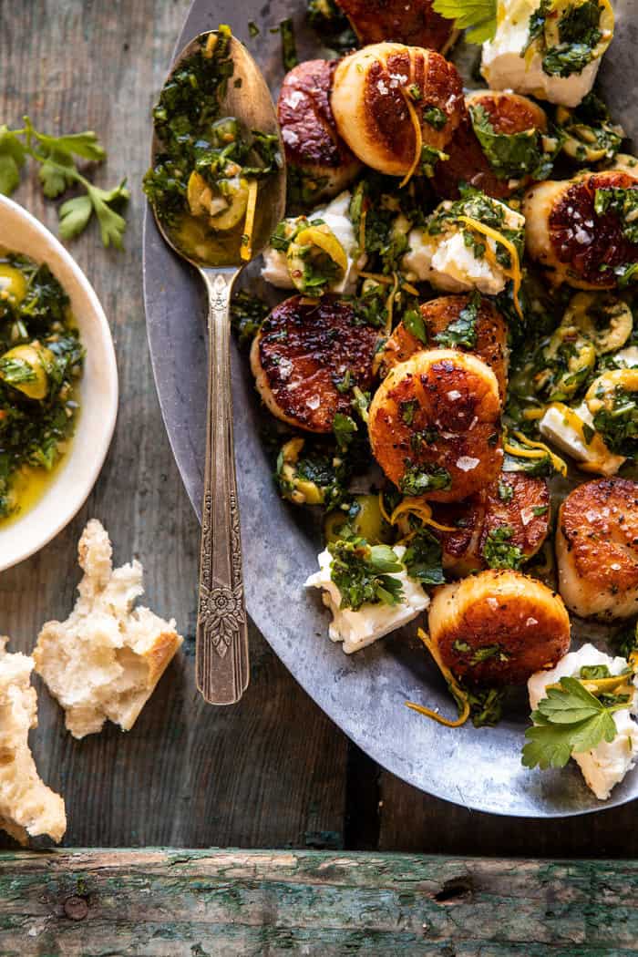 overhead close up photo of Herbed Garlic Butter Scallops with Lemony Feta Dressing 