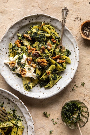 Herby Kale Pesto Pasta with Buttery Walnuts.