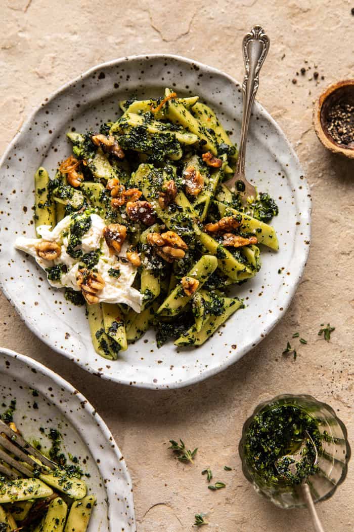 overhead photo of Herby Kale Pesto Pasta with Buttery Walnuts