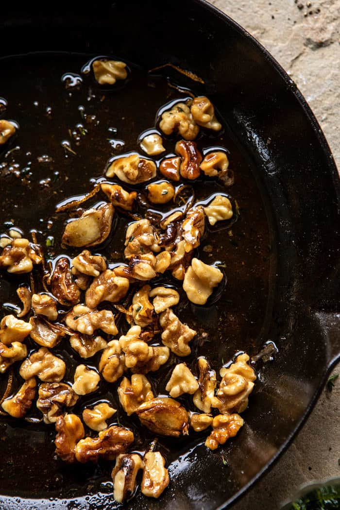 overhead photo of Buttery Walnuts in skillet 