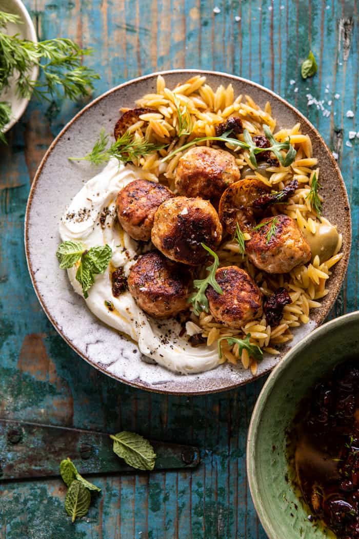 overhead close up photo of One Skillet Greek Meatballs and Lemon Butter Orzo