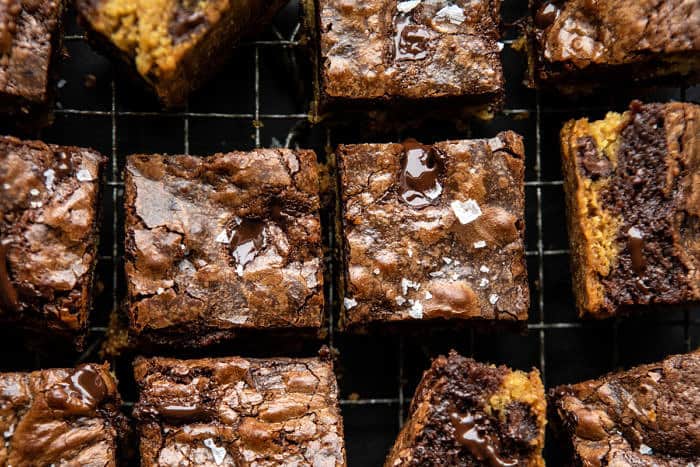 horizontal overhead photo of Salted Cookie Crinkle Top Brownies