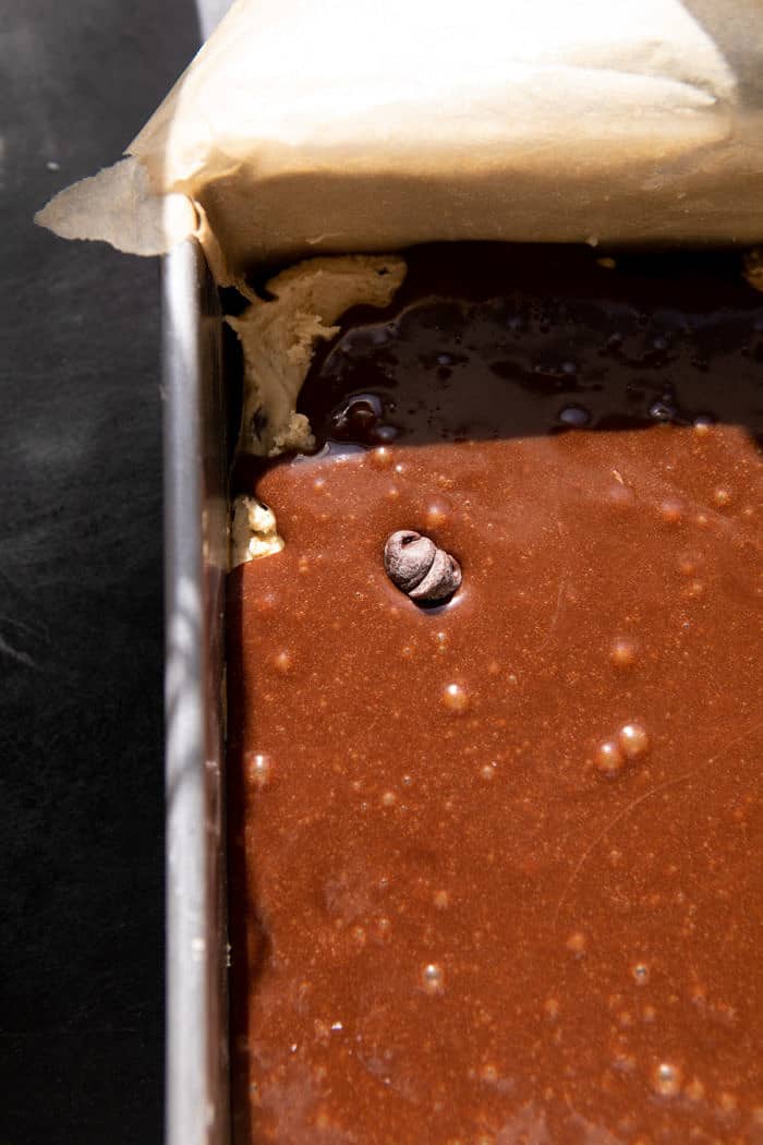 overhead photo of brownies before baking 