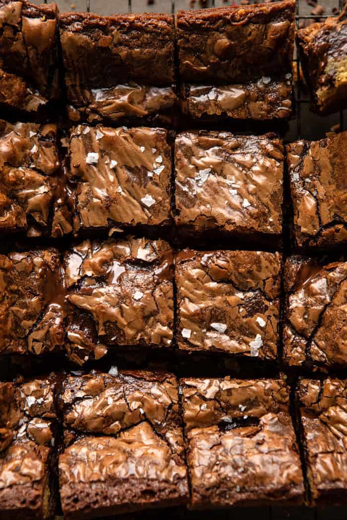 overhead close up photo of Salted Cookie Crinkle Top Brownies