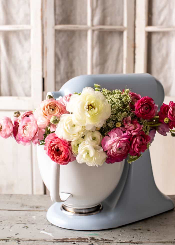 stand mixer filled with ranunculus 