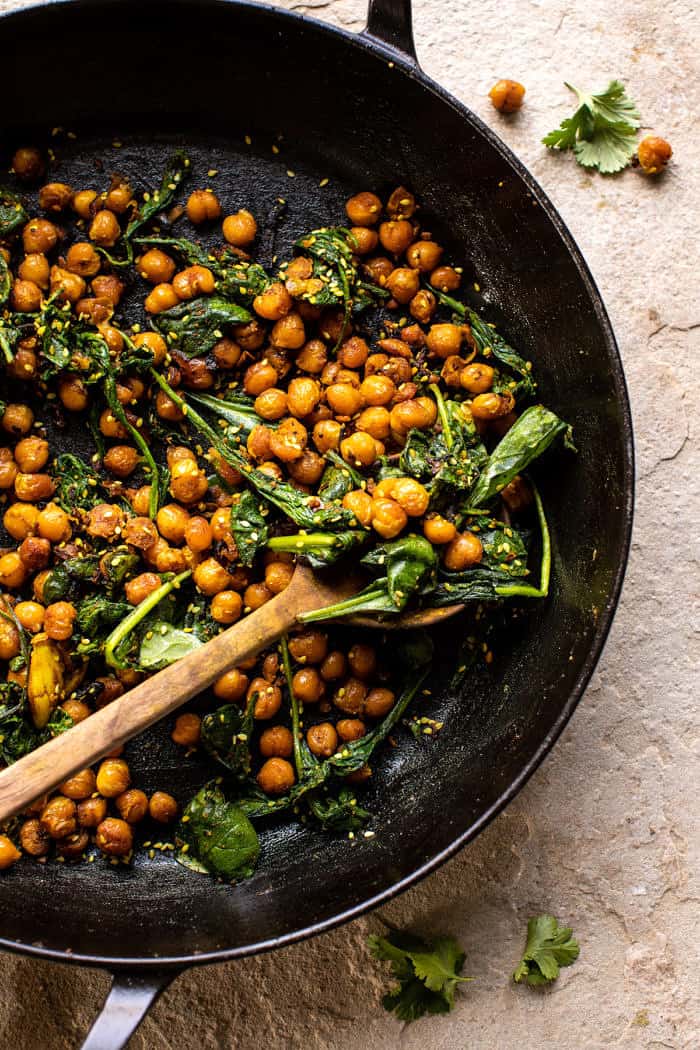 overhead photo of Spiced Golden Chickpeas in skillet