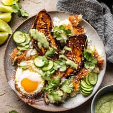 Crispy Rice Bowl with Browned Butter Sweet Potatoes and Herby Green Tahini.