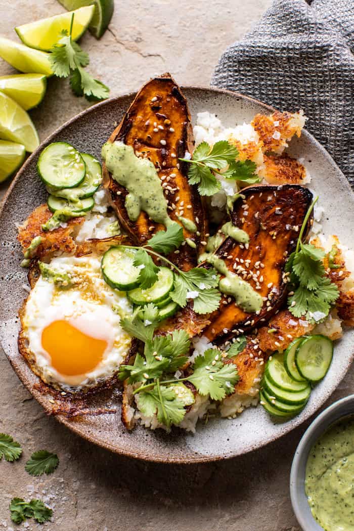 Crispy Rice Bowl with Browned Butter Sweet Potatoes and Herby Green Tahini | halfbakedharvest.com