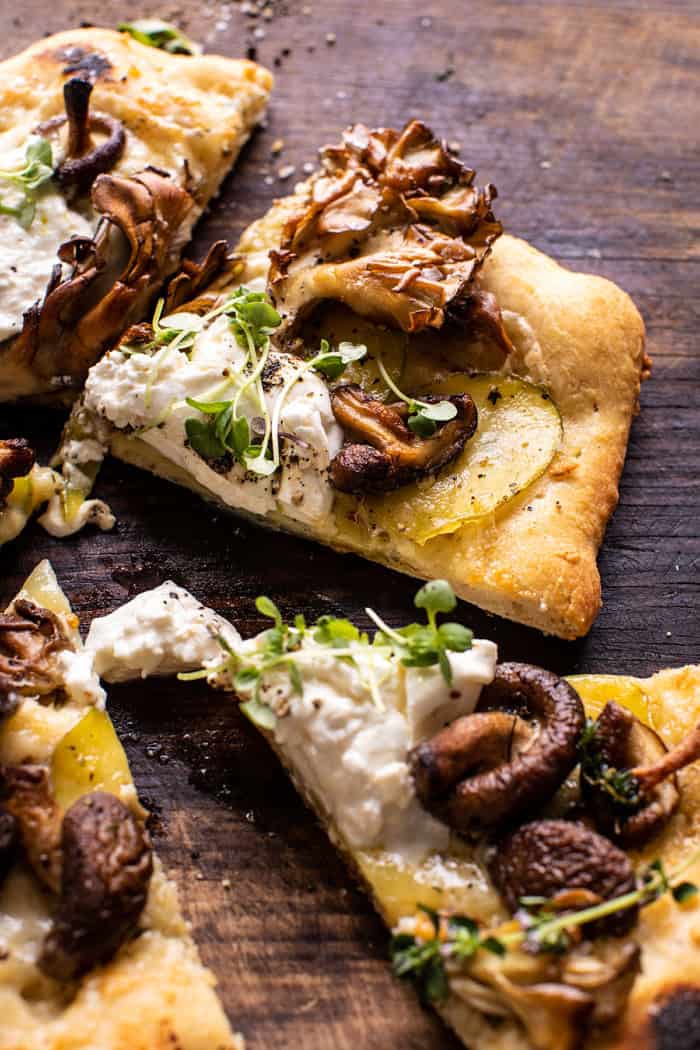 side angled photo of Potato and Wild Mushroom Burrata Pizza slices