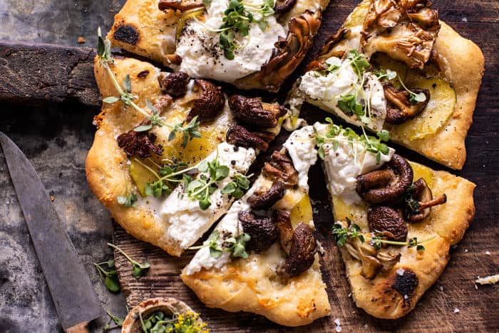 overhead horizontal photo of Potato and Wild Mushroom Burrata Pizza