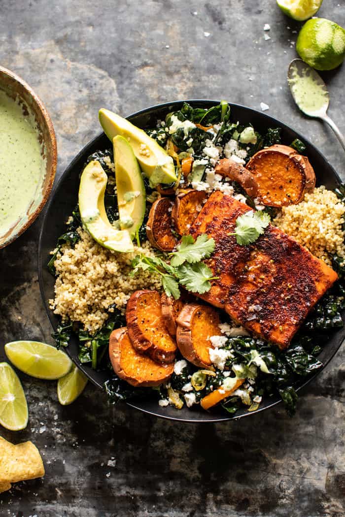 overhead photo Sheet Pan Chipotle Salmon with Cilantro Lime Special Sauce