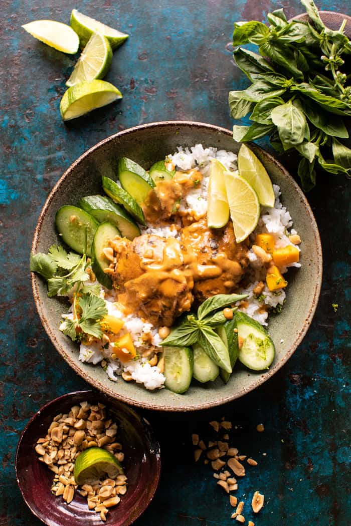 overhead photo of Weeknight Thai Peanut Chicken with Spicy Lime Mango