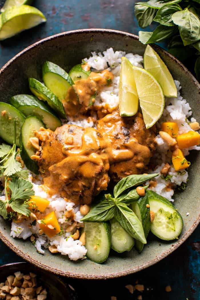 overhead close up photo of Weeknight Thai Peanut Chicken with Spicy Lime Mango