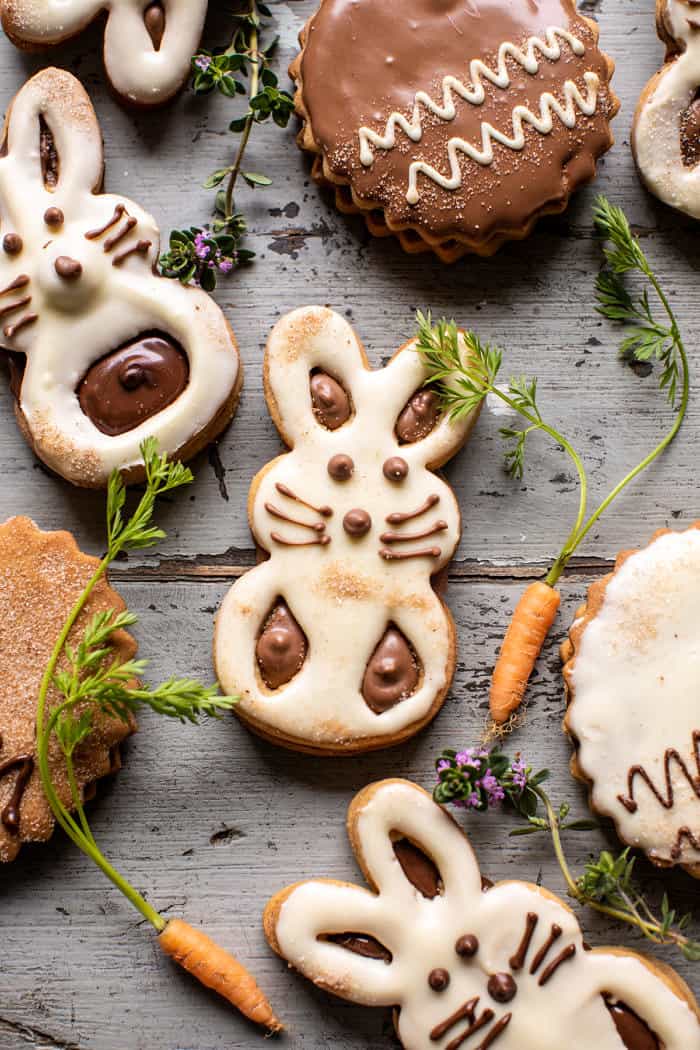 overhead close up photo of Milk Chocolate Stuffed Peanut Butter Bunny Cookies