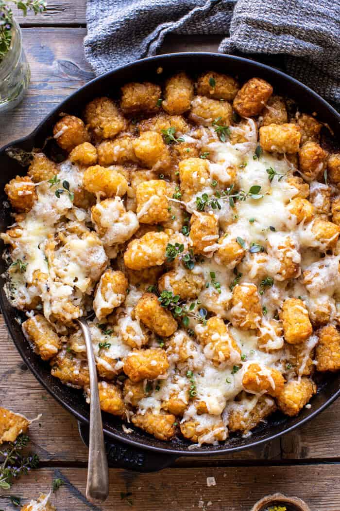 overhead close up photo of One Skillet French Onion Tater Tot Casserole 