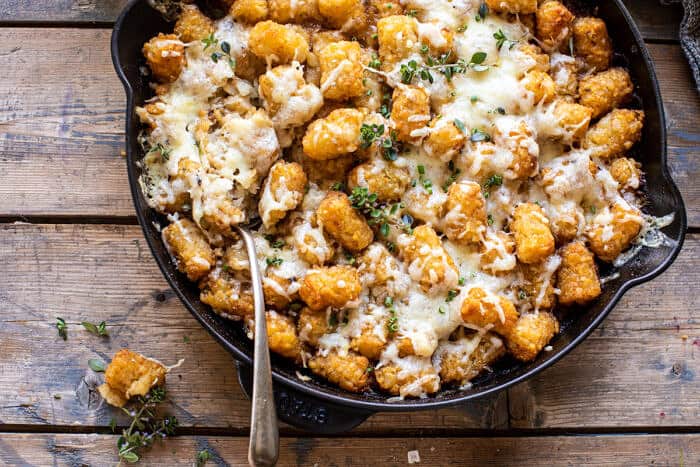 overhead horizontal photo of One Skillet French Onion Tater Tot Casserole